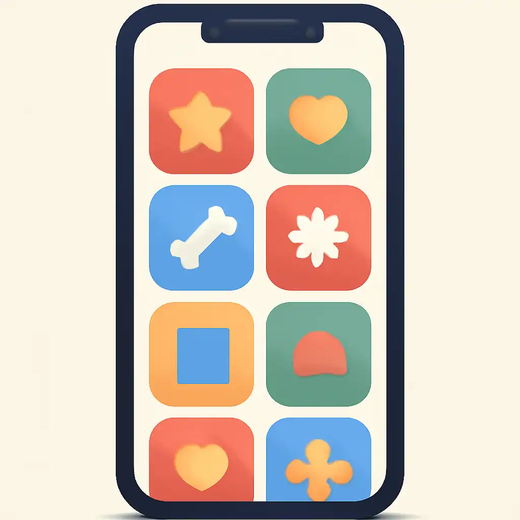 Smartphone shown from the front displaying a colourful flat layout of abstract game icons and rounded tiles (no text, no letters, no labels), 55 Club