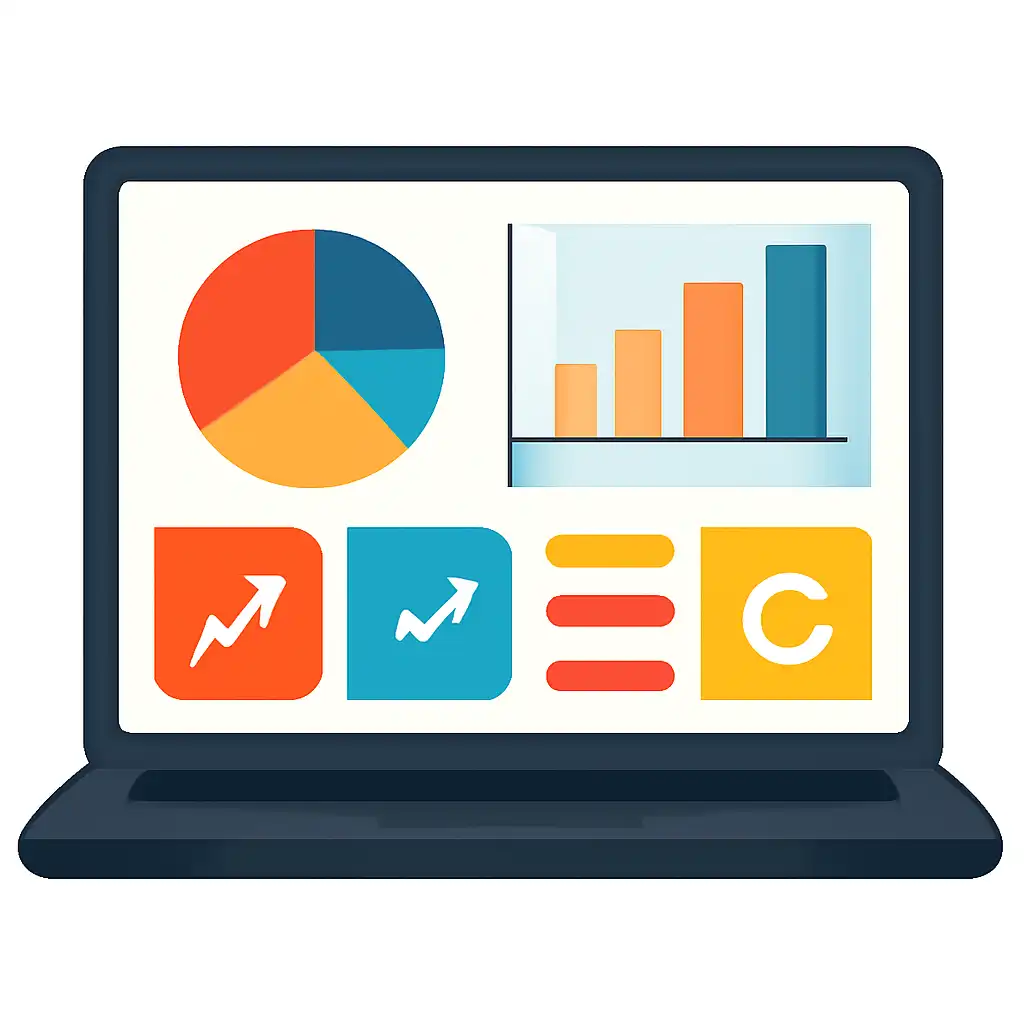 Laptop shown from the front displaying a colourful flat dashboard of abstract charts, bars and icon tiles (no text, no letters, no labels), 55 Club
