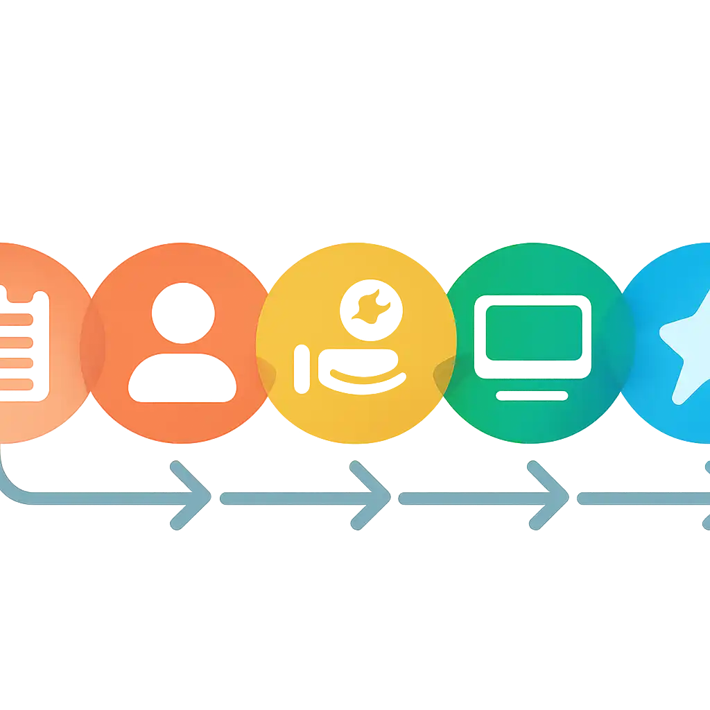 Five numbered circular icons connected by arrows in a horizontal flow, flat illustration, icons only, no words, 55 Club steps
