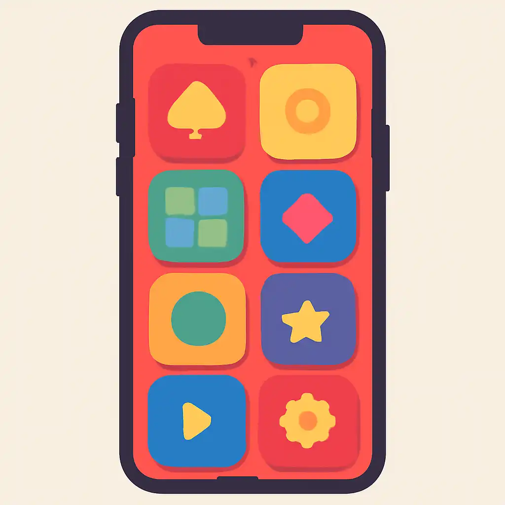 Smartphone shown from the front displaying a colourful flat layout of abstract game icons and rounded tiles (no text, no letters, no labels), Sharda