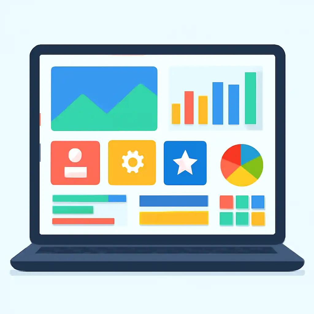 Laptop shown from the front displaying a colourful flat dashboard of abstract charts, bars and icon tiles (no text, no letters, no labels), Sharda
