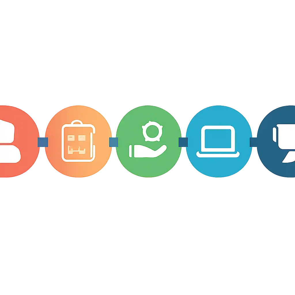 Five numbered circular icons connected by arrows in a horizontal flow, flat illustration, icons only, no words, Sharda steps