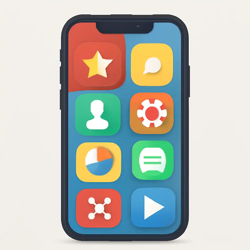 Smartphone shown from the front displaying a colourful flat layout of abstract game icons and rounded tiles (no text, no letters, no labels), Anil