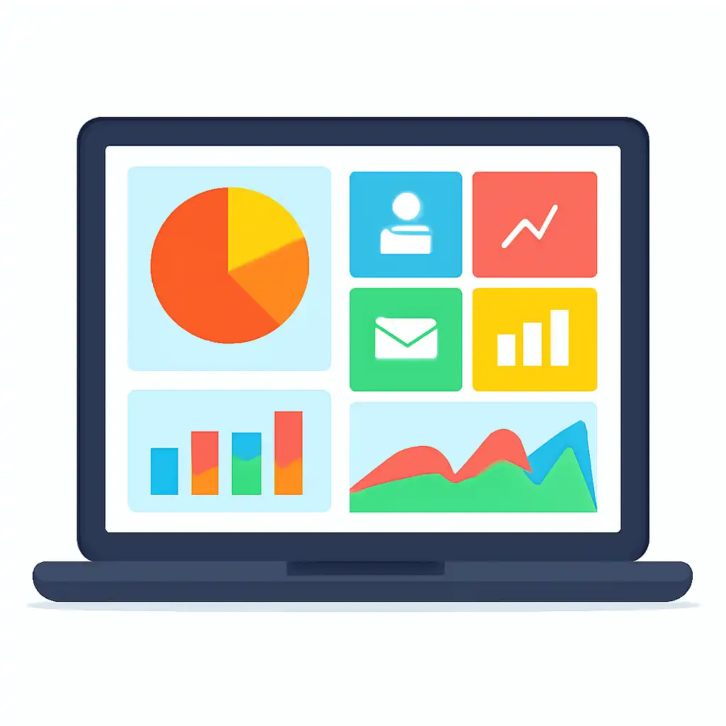 Laptop shown from the front displaying a colourful flat dashboard of abstract charts, bars and icon tiles (no text, no letters, no labels), Anil