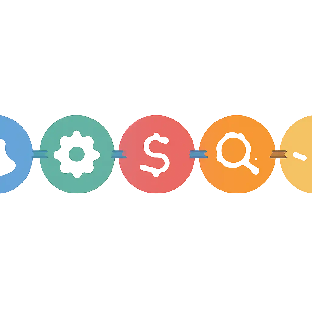 Five numbered circular icons connected by arrows in a horizontal flow, flat illustration, icons only, no words, Anil steps