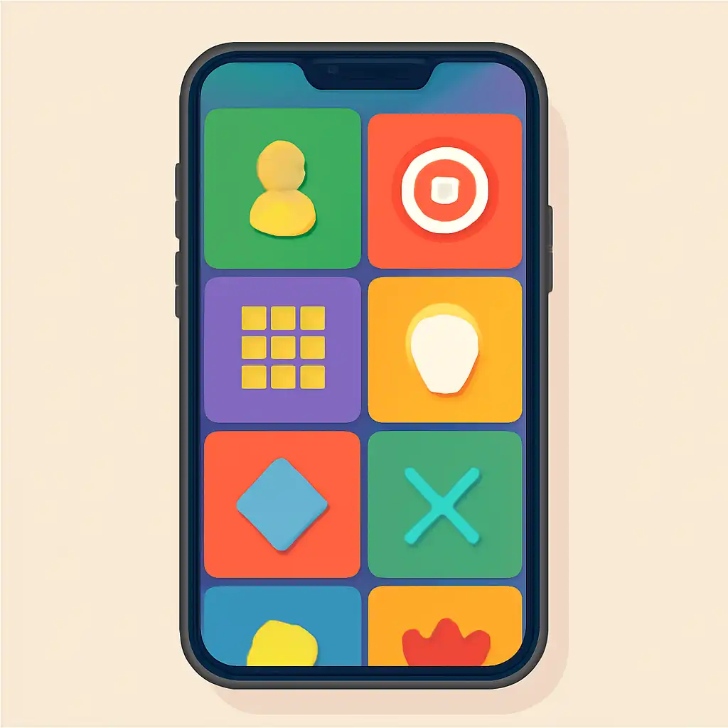 Smartphone shown from the front displaying a colourful flat layout of abstract game icons and rounded tiles (no text, no letters, no labels), Amazon