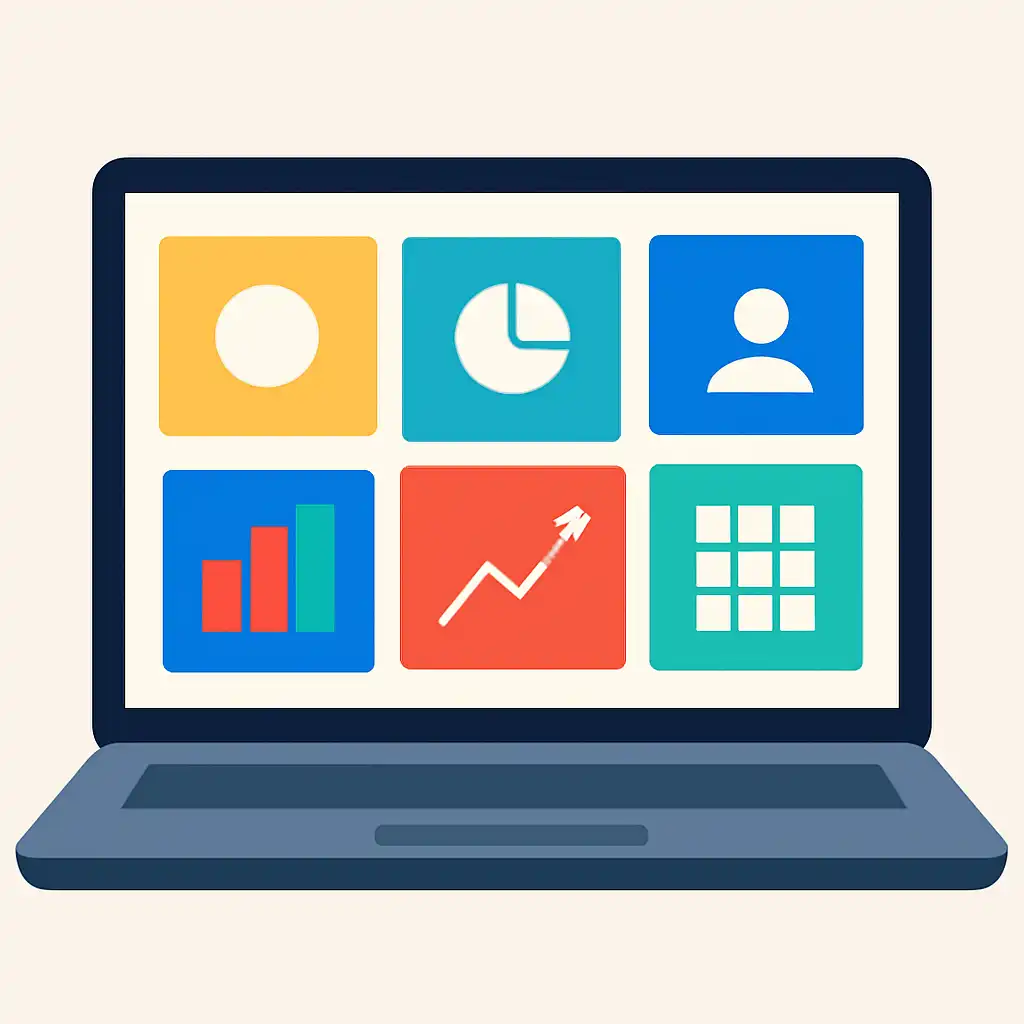 Laptop shown from the front displaying a colourful flat dashboard of abstract charts, bars and icon tiles (no text, no letters, no labels), Amazon