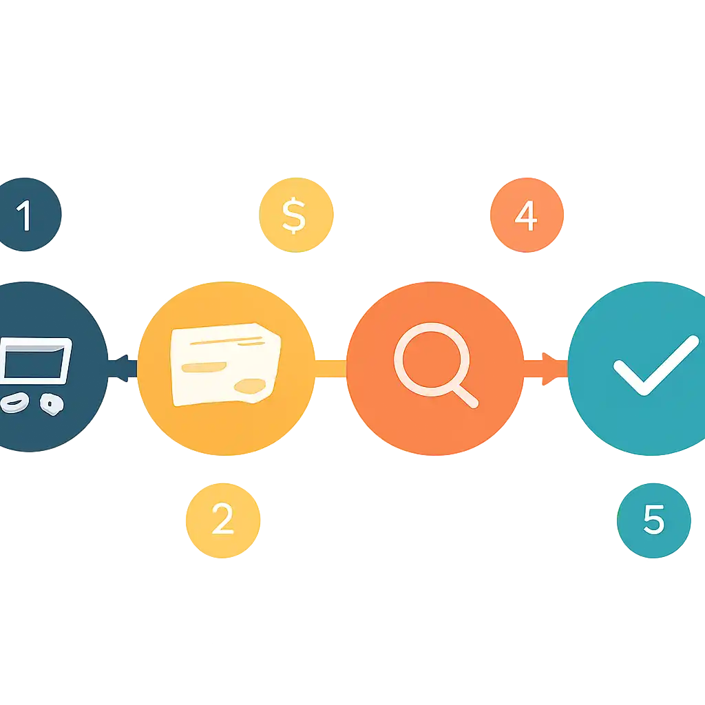 Five numbered circular icons connected by arrows in a horizontal flow, flat illustration, icons only, no words, Amazon steps
