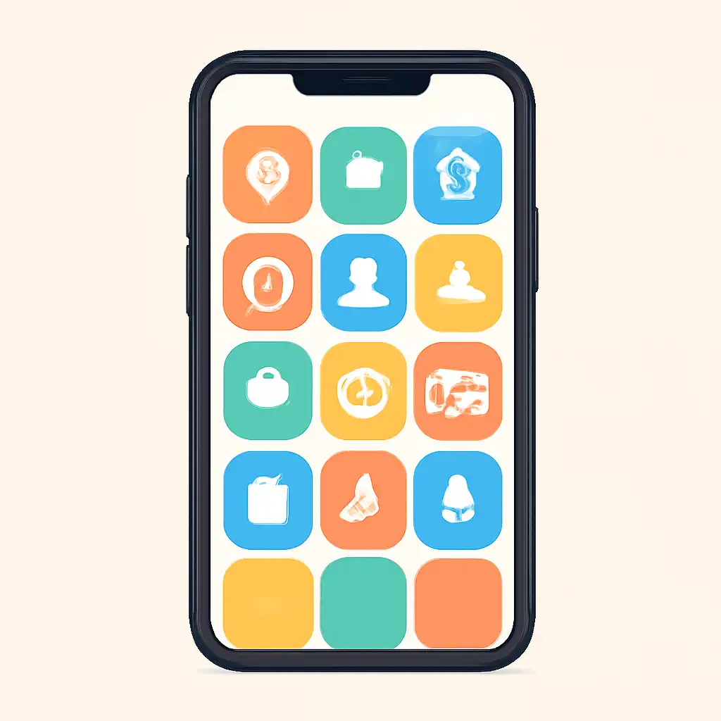 Smartphone shown from the front displaying a colourful flat layout of abstract game icons and rounded tiles (no text, no letters, no labels), 55club