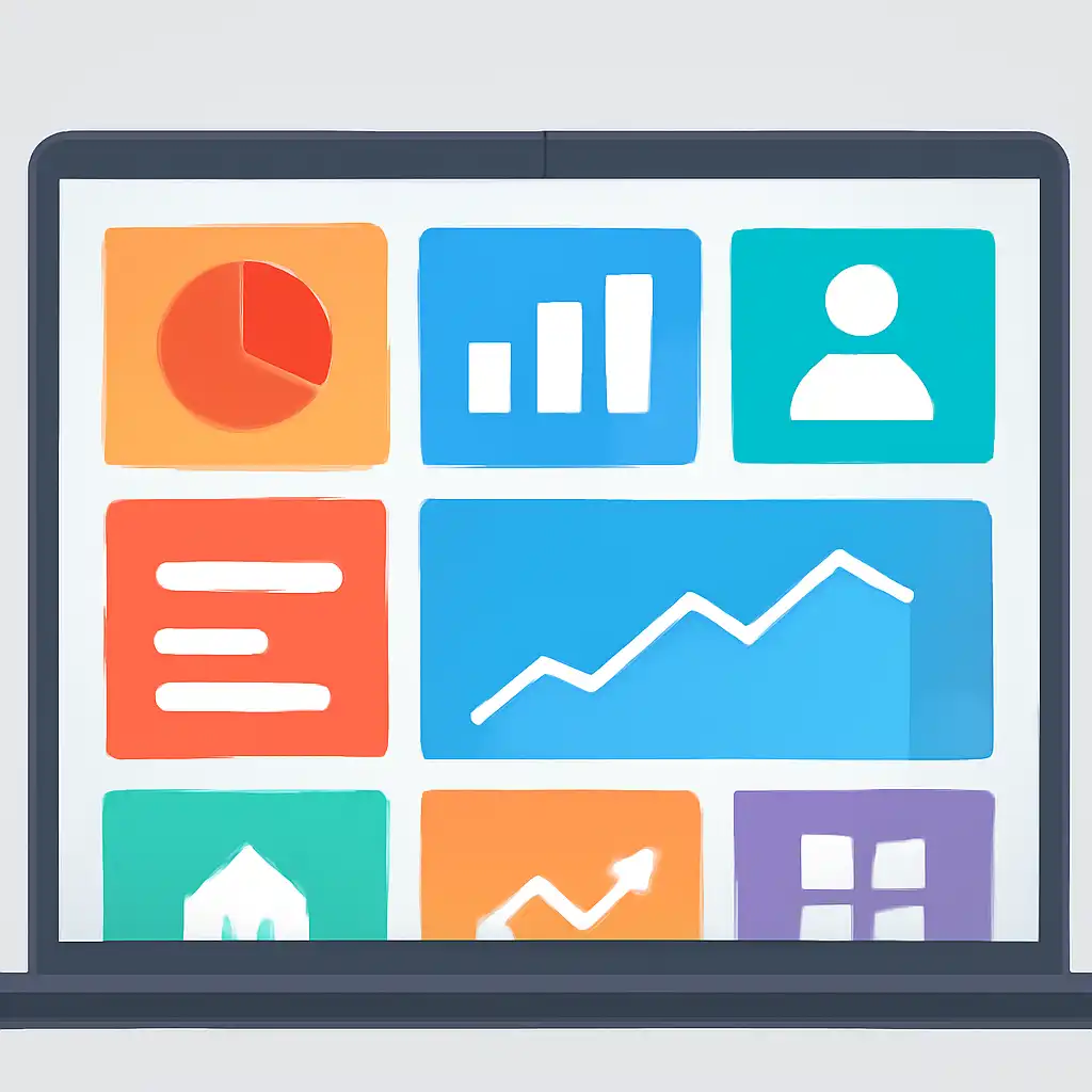 Laptop shown from the front displaying a colourful flat dashboard of abstract charts, bars and icon tiles (no text, no letters, no labels), 55club