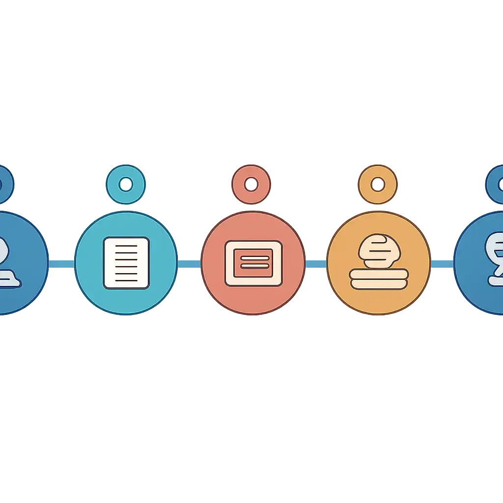 Five numbered circular icons connected by arrows in a horizontal flow, flat illustration, icons only, no words, 55club steps