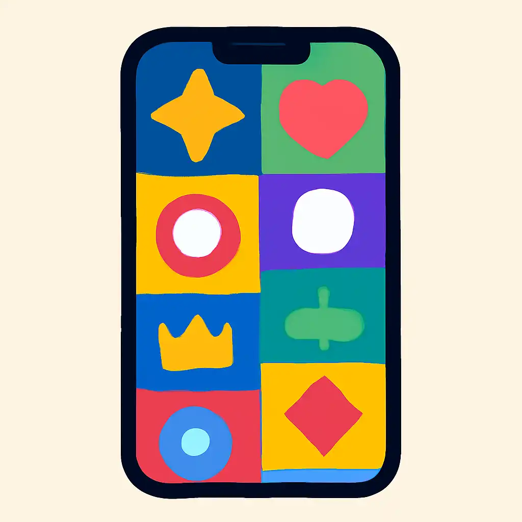 Smartphone shown from the front displaying a colourful flat layout of abstract game icons and rounded tiles (no text, no letters, no labels), Star