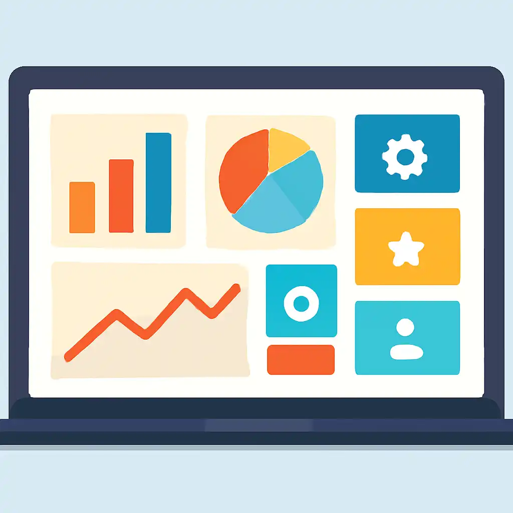 Laptop shown from the front displaying a colourful flat dashboard of abstract charts, bars and icon tiles (no text, no letters, no labels), Star