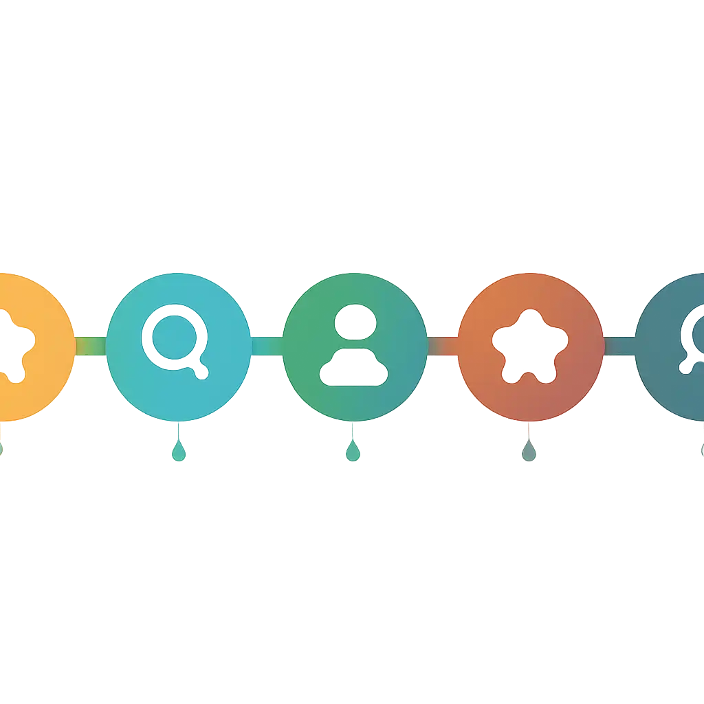 Five numbered circular icons connected by arrows in a horizontal flow, flat illustration, icons only, no words, Star steps